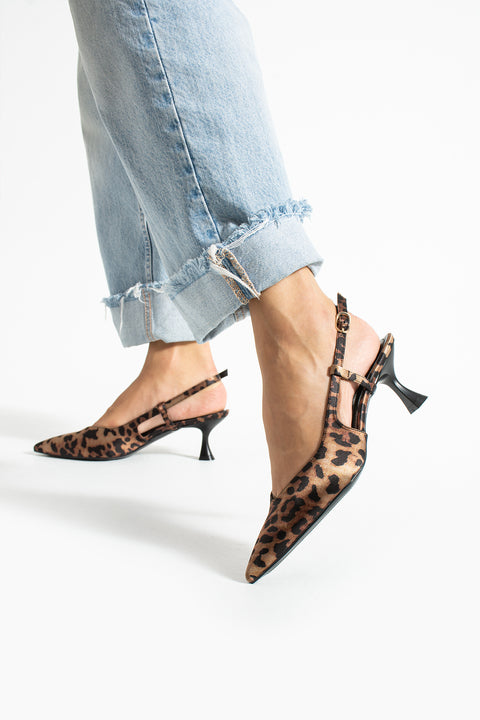 Leopar Taş Detaylı İnce Topuklu Slingback Stiletto – Şık ve Zarif Abiye Kadın Ayakkabı