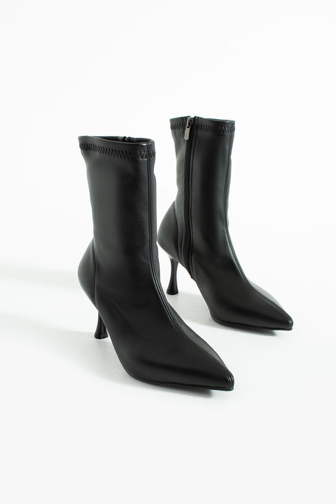 Siyah Streç Bot Kadın İnce Topuk Fermuarlı Rahat Günlük Şık Kombinler İçin Vegan Topuklu Bot