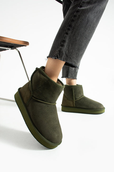 Haki Süet İçi Kürklü Kışlık Kadın Bot – Süet Uzun Bot, Kadın Kışlık Ayakkabı, Kürklü Kadın Bot