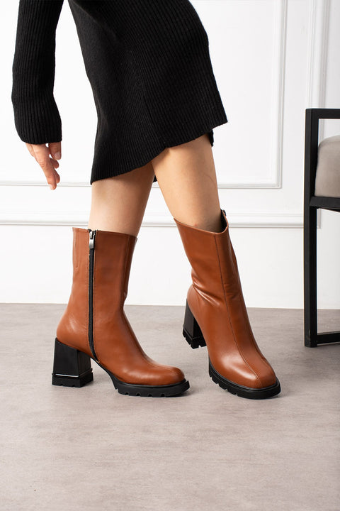 Kadın Taba Mat Deri Kalın Topuklu Bot – Şık Kışlık Ofis Kombinleri İçin Rahat Ortapedik Model