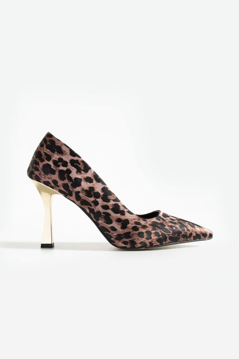 Altın Topuklu Leopar Desenli Saten Kadın Stiletto | Şık, Zarif, Göz Alıcı ve Özgüvenli Model