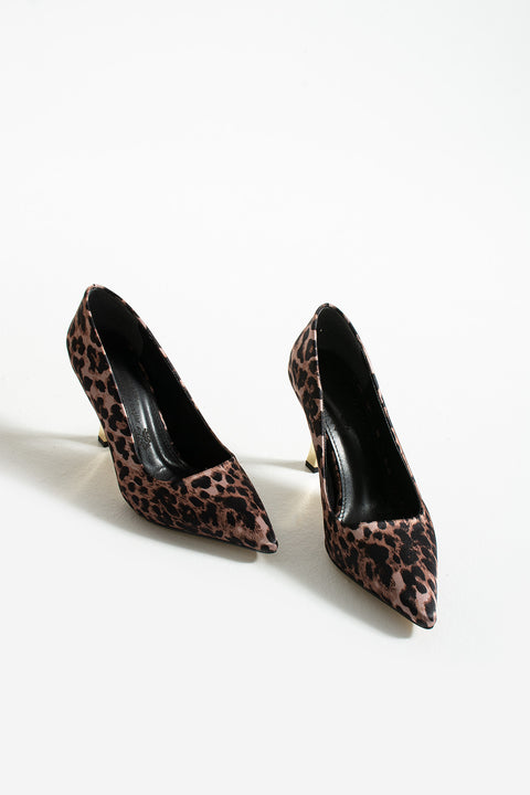 Altın Topuklu Leopar Desenli Saten Kadın Stiletto | Şık, Zarif, Göz Alıcı ve Özgüvenli Model