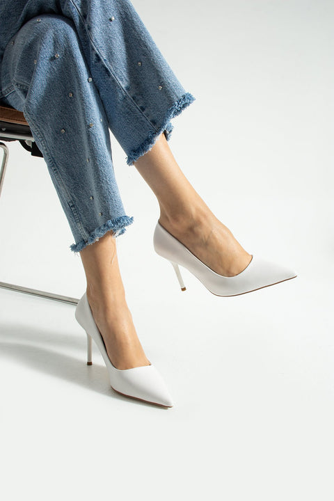 Beyaz Mat Stiletto Ayakkabı - Sivri Burun Şık Rahat Kadın Abiye Topuklu Ayakkabı