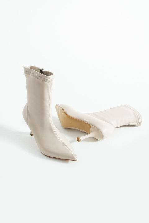 Krem Streç Bot Kadın İnce Topuk Fermuarlı Rahat Günlük Şık Kombinler İçin Vegan Topuklu Bot