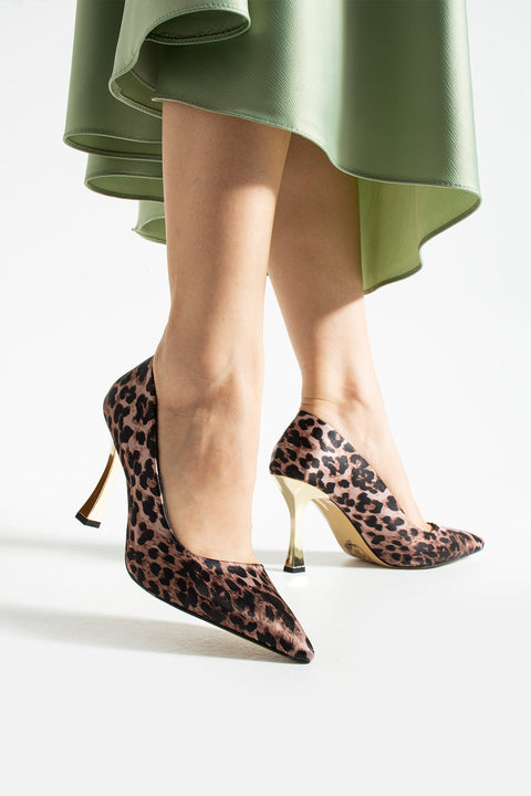 Altın Topuklu Leopar Desenli Saten Kadın Stiletto | Şık, Zarif, Göz Alıcı ve Özgüvenli Model