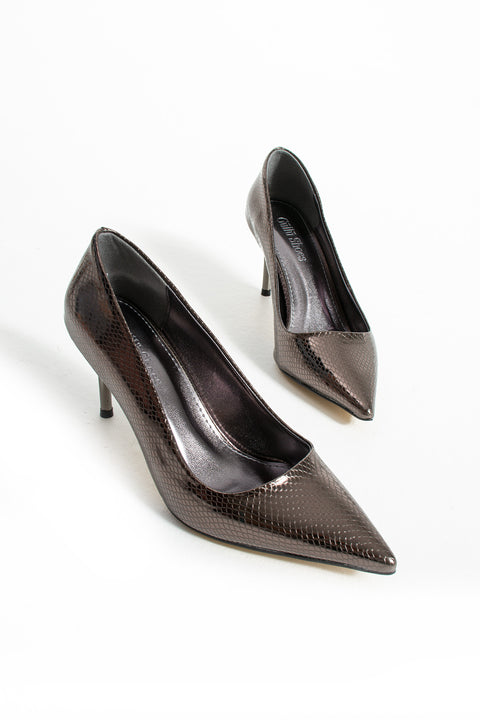 Metalik Füme Vegan Deri Yılan Desenli 7cm İnce Topuklu Sivri Burun Şık Rahat Kadın Stiletto Ayakkabı