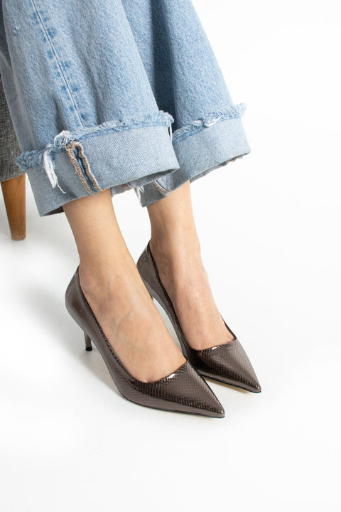 Metalik Füme Vegan Deri Yılan Desenli 7cm İnce Topuklu Sivri Burun Şık Rahat Kadın Stiletto Ayakkabı