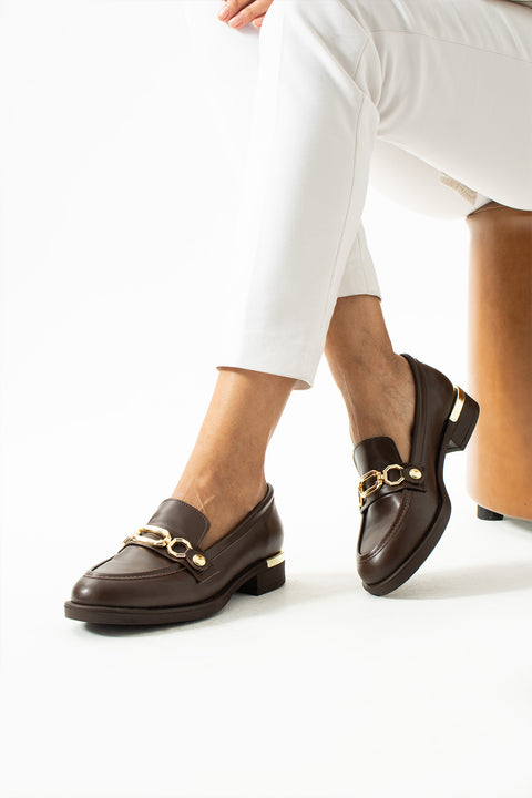 Kadın Kahverengi Deri Loafer Ayakkabı, Rahat ve Şık Günlük, Altın Tokalı Topuklu Kadın Ayakkabı