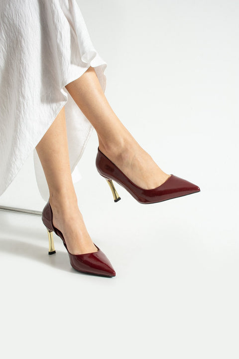 Bordo Rugan 9 Cm Altın Kaplama Kadın Topuklu Stiletto Ayakkabı Vegan Deri Günlük ve Özel Gün