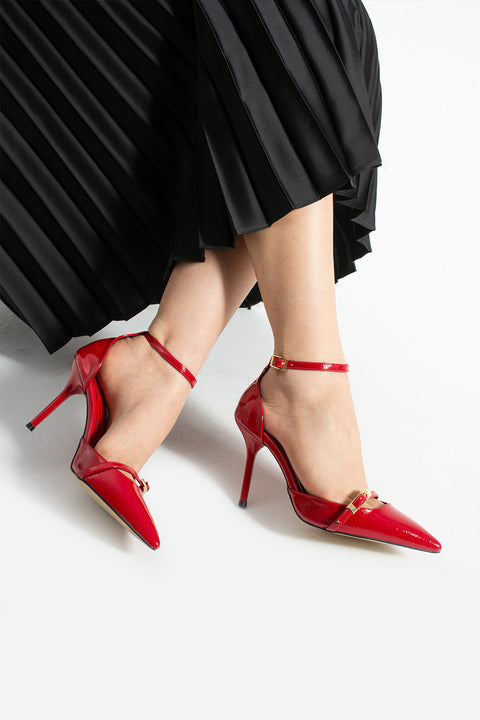 Kırmızı Parlak Kırışık Vegan Deri Stiletto | 9cm İnce Topuk | Sivri Burun | Şık Rahat Kadın Ayakkabı