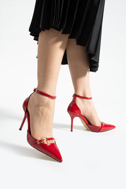 Kırmızı Parlak Kırışık Vegan Deri Stiletto | 9cm İnce Topuk | Sivri Burun | Şık Rahat Kadın Ayakkabı