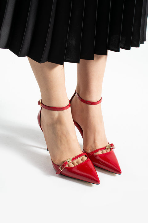 Kırmızı Parlak Kırışık Vegan Deri Stiletto | 9cm İnce Topuk | Sivri Burun | Şık Rahat Kadın Ayakkabı