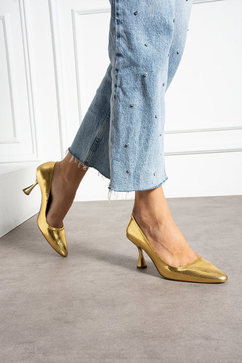 Altın Sarısı Yılan Derisi Desenli İnce Topuklu Stiletto Şık Rahat Vegan Deri Kadın Topuklu Ayakkabı