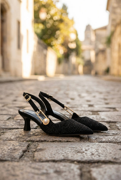 Siyah Süet Taşlı İnci Tokalı Ayarlanabilir Bantlı İnce Topuklu Vegan Deri 5cm Kadın Topuklu Ayakkabı