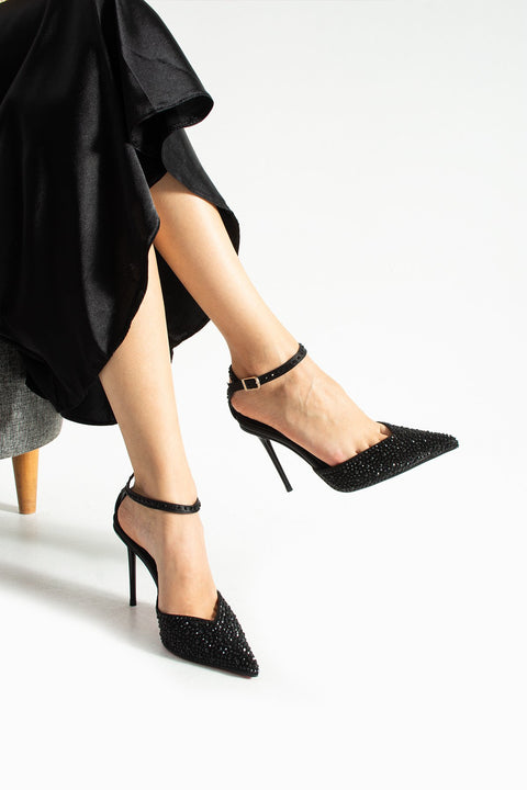 Siyah Taşlı Bilekten Bağlamalı Stiletto – 10 cm İnce Topuk, Abiye & Özel Gün Ayakkabısı