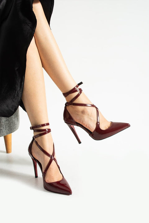 Bordo Rugan Bilekten Bağlamalı Sivri Burun Yüksek İnce Topuklu Kadın Stiletto Ayakkabı