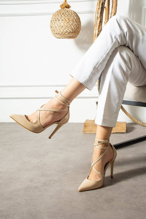 Bej Rugan Bilekten Bağlamalı Sivri Burun Yüksek İnce Topuklu Kadın Stiletto Ayakkabı