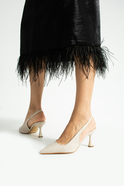 Krem Mat Sivri Burun Açık Yan Bantlı İnce Topuklu Kadın Stiletto Abiye Ayakkabı