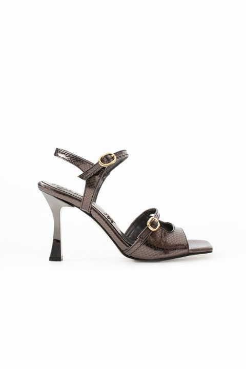 Metalik Füme Yılan Desenli Vegan Deri 9cm Bilekten Tokalı Şık ve Rahat Kadın Yazlık Topuklu Sandalet
