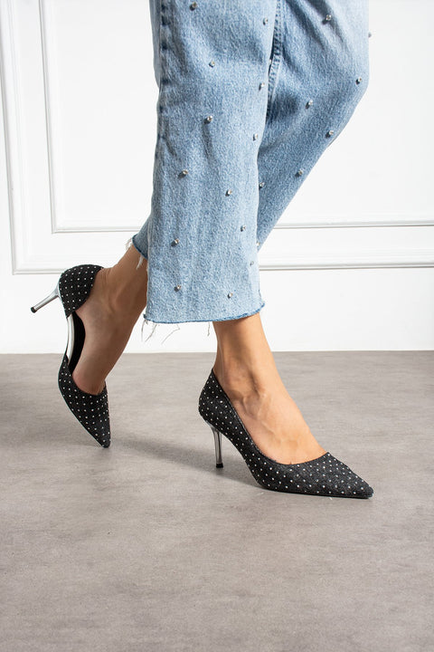 Siyah Taş Detaylı İnce Topuklu Stiletto – Metal Topuklu Şık Kadın Abiye Ayakkabı