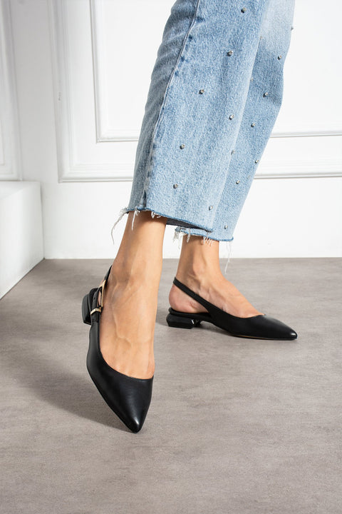 Siyah Vegan Slingback Babet – Sivri Burun, Düşük Topuk, Ayarlanabilir Tokalı Bant