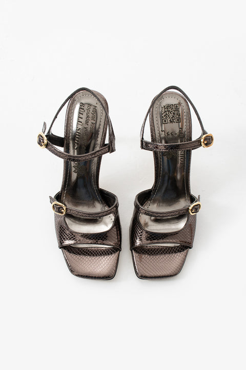 Metalik Füme Yılan Desenli Vegan Deri 9cm Bilekten Tokalı Şık ve Rahat Kadın Yazlık Topuklu Sandalet