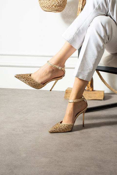 Altın Sarısı Taşlı Bilekten Bağlamalı Stiletto – 10 cm İnce Topuk, Abiye & Özel Gün Ayakkabısı