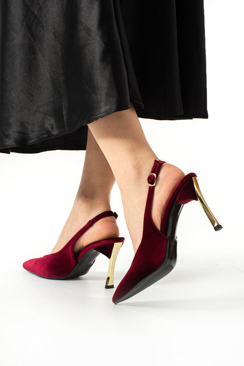 Bordo Kadife Altın Topuklu Stiletto | Şık Abiye İnce Topuklu Kadın Ayakkabı | Gece & Özel Gün