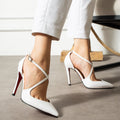 Beyaz Rugan Çapraz Bantlı Sivri Burun İnce Topuklu Kadın Stiletto Zarif Abiye Topuklu Ayakkabı