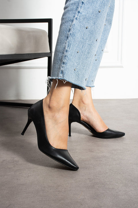 Mat Siyah Vegan Deri Stiletto – 7 cm İnce Topuklu Rahat Günlük Ofis Ayakkabısı