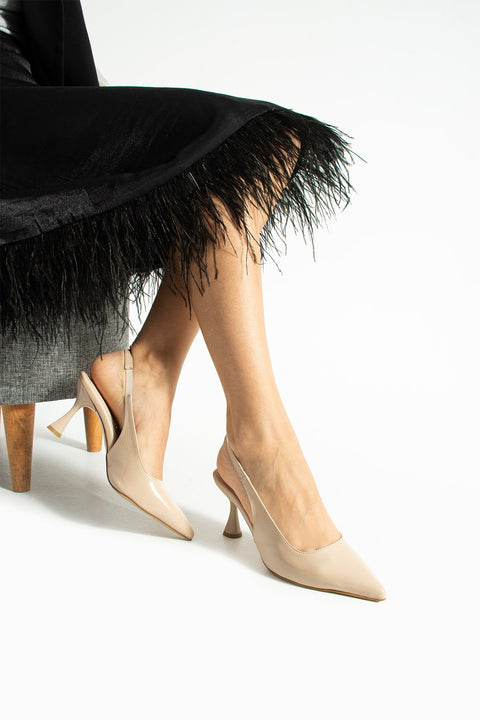 Bej Kırışık Rugan Sivri Burun Açık Yan Bantlı İnce Topuklu Kadın Stiletto Abiye Ayakkabı