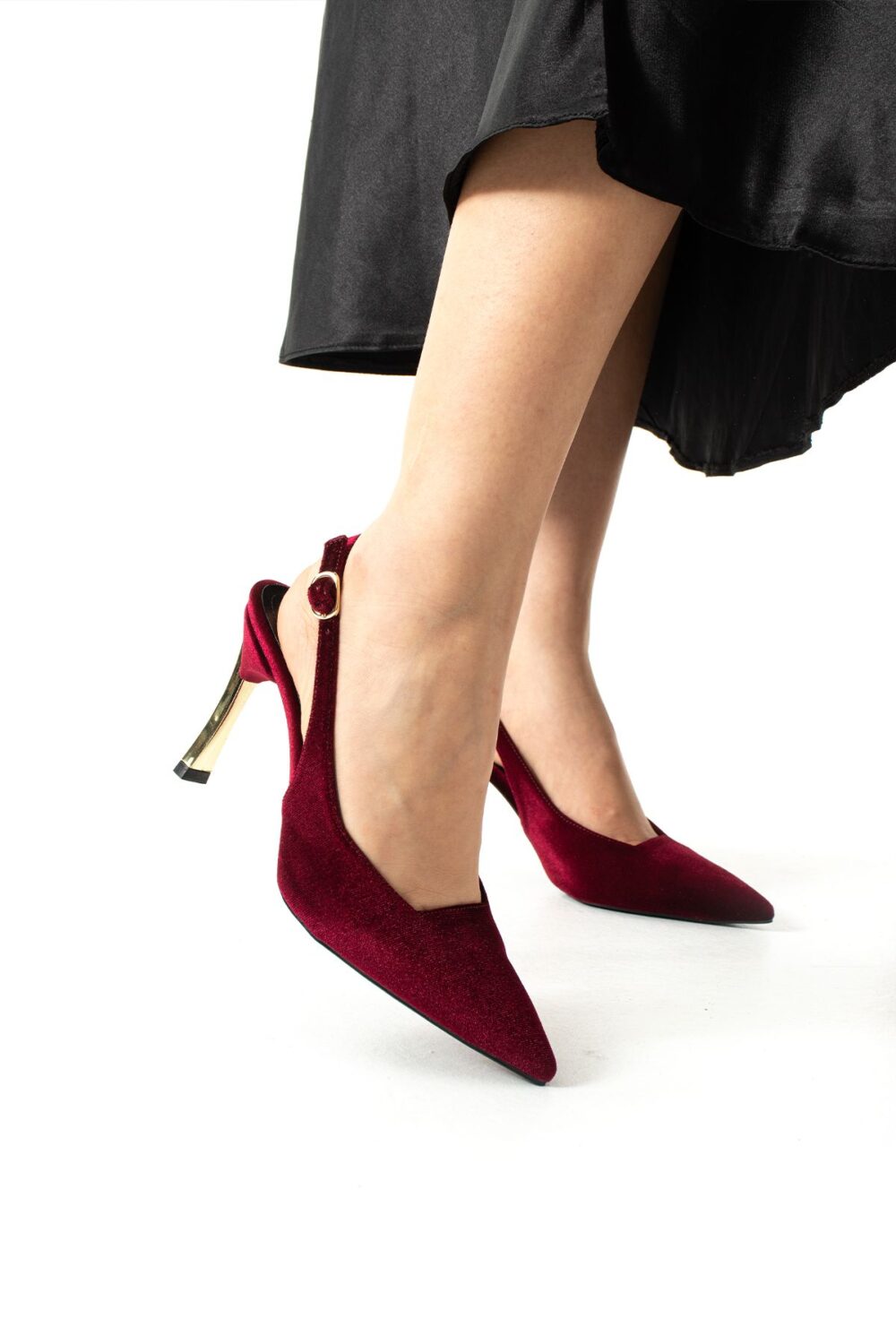 Bordo Kadife Altın Topuklu Stiletto – İnce Topuklu Şık Abiye Kadın Ayakkabısı - Görsel 4
