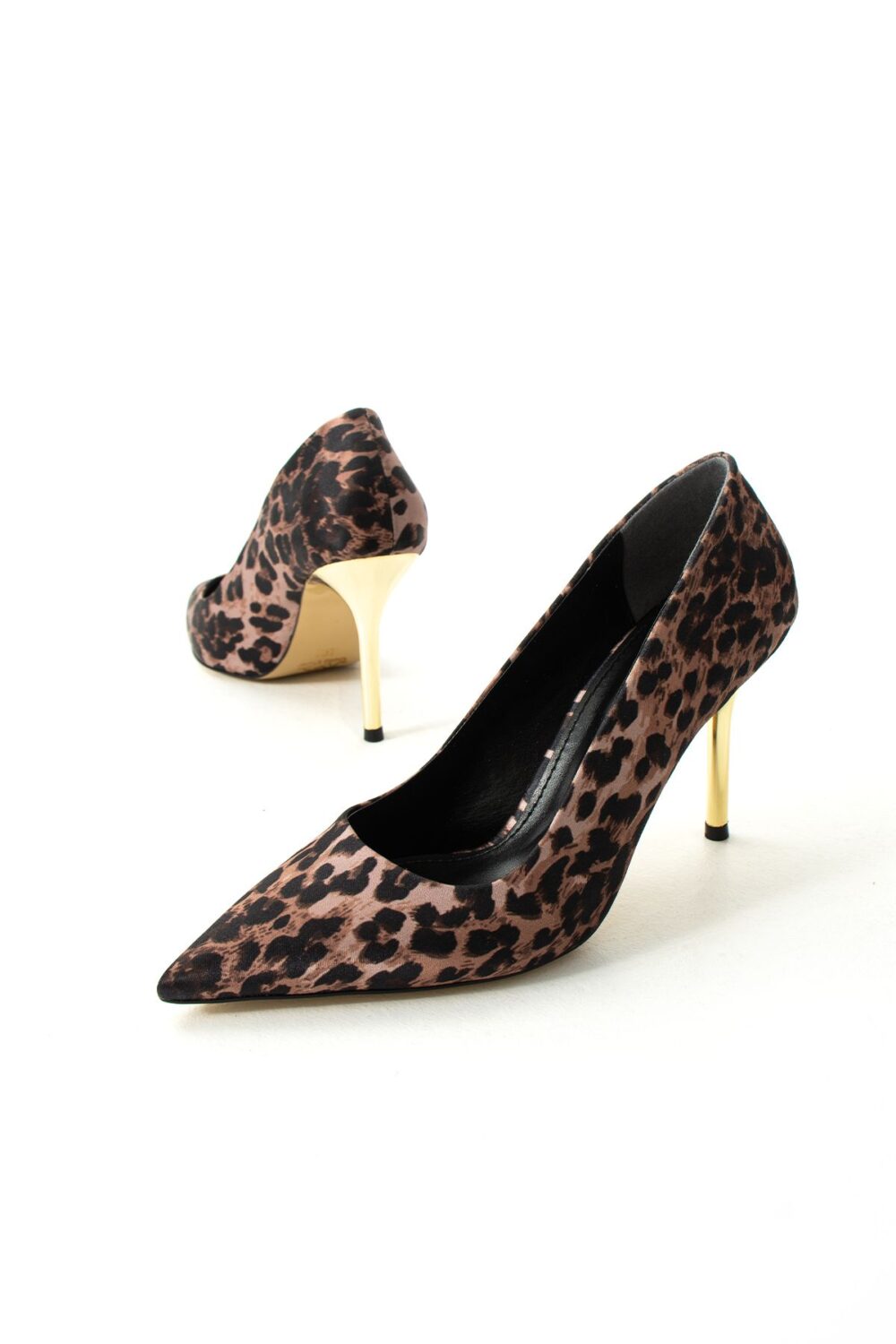 Leopar Desenli Saten Stiletto – Altın İnce Topuklu Sivri Burun Zarif ve Şık Kadın Ayakkabı - Görsel 6