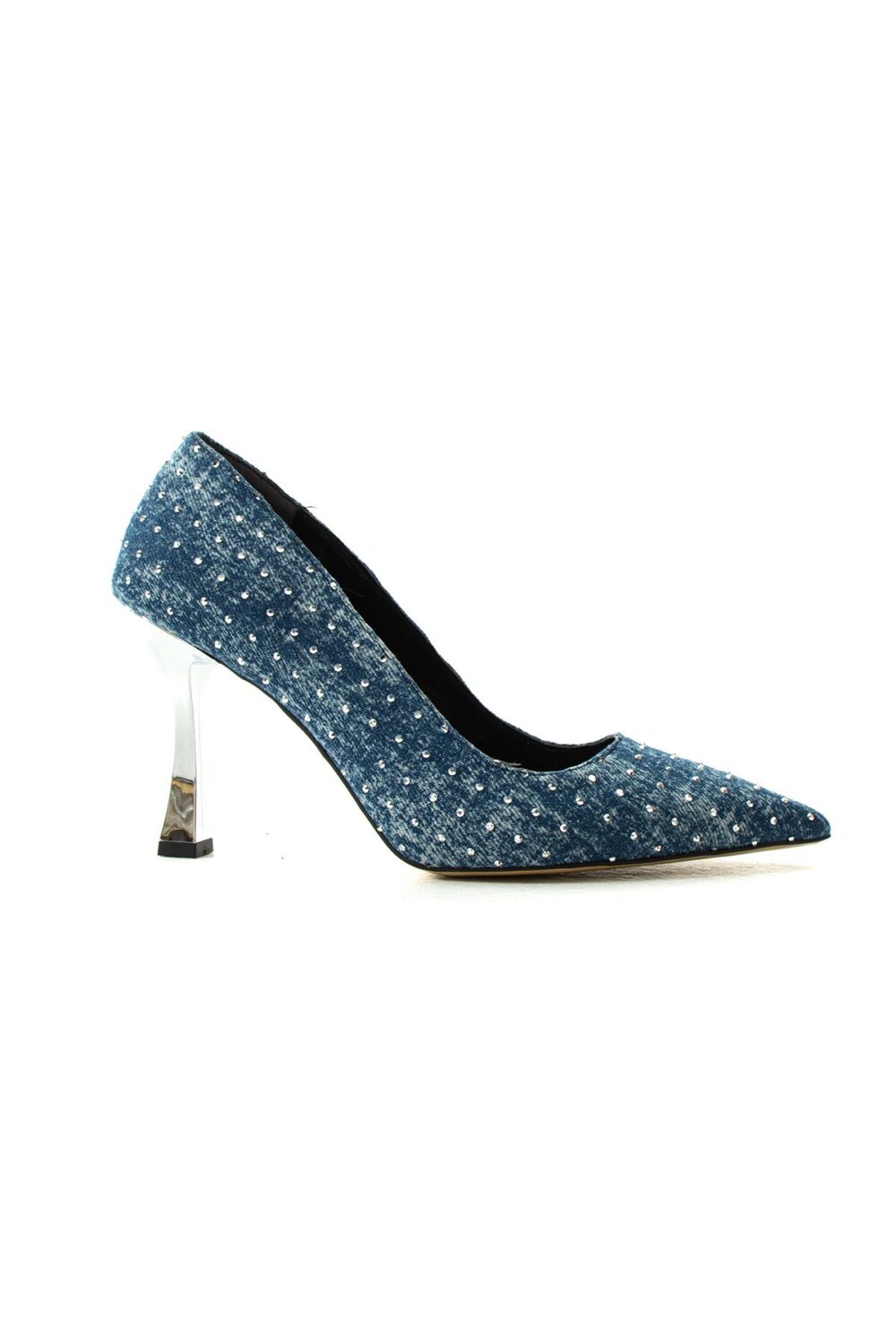 İnci Detaylı Şeffaf Topuklu Stiletto – Mavi Jean Kumaş Lüks Kadın Ayakkabı - Görsel 5