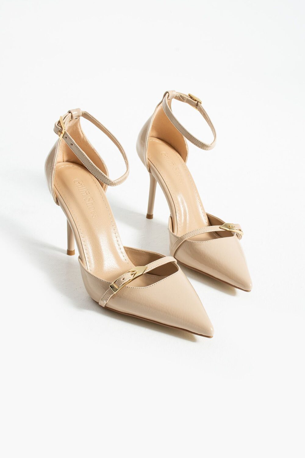 Bej Parlak Kırışık Vegan Deri Stiletto – 9cm İnce Topuklu Sivri Burun Şık Kadın Ayakkabı - Görsel 6