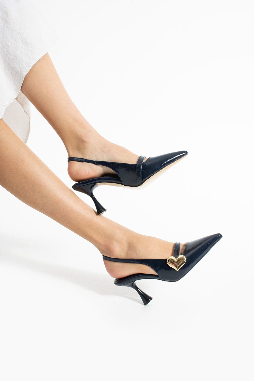 Lacivert Rugan Kalp Tokalı Kadın Topuklu Ayakkabı – 7cm Rahat Vegan Stiletto - Görsel 3