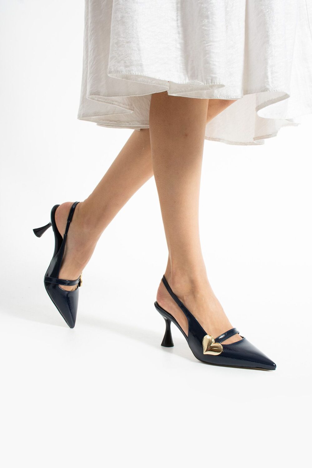 Lacivert Rugan Kalp Tokalı Kadın Topuklu Ayakkabı – 7cm Rahat Vegan Stiletto - Görsel 4