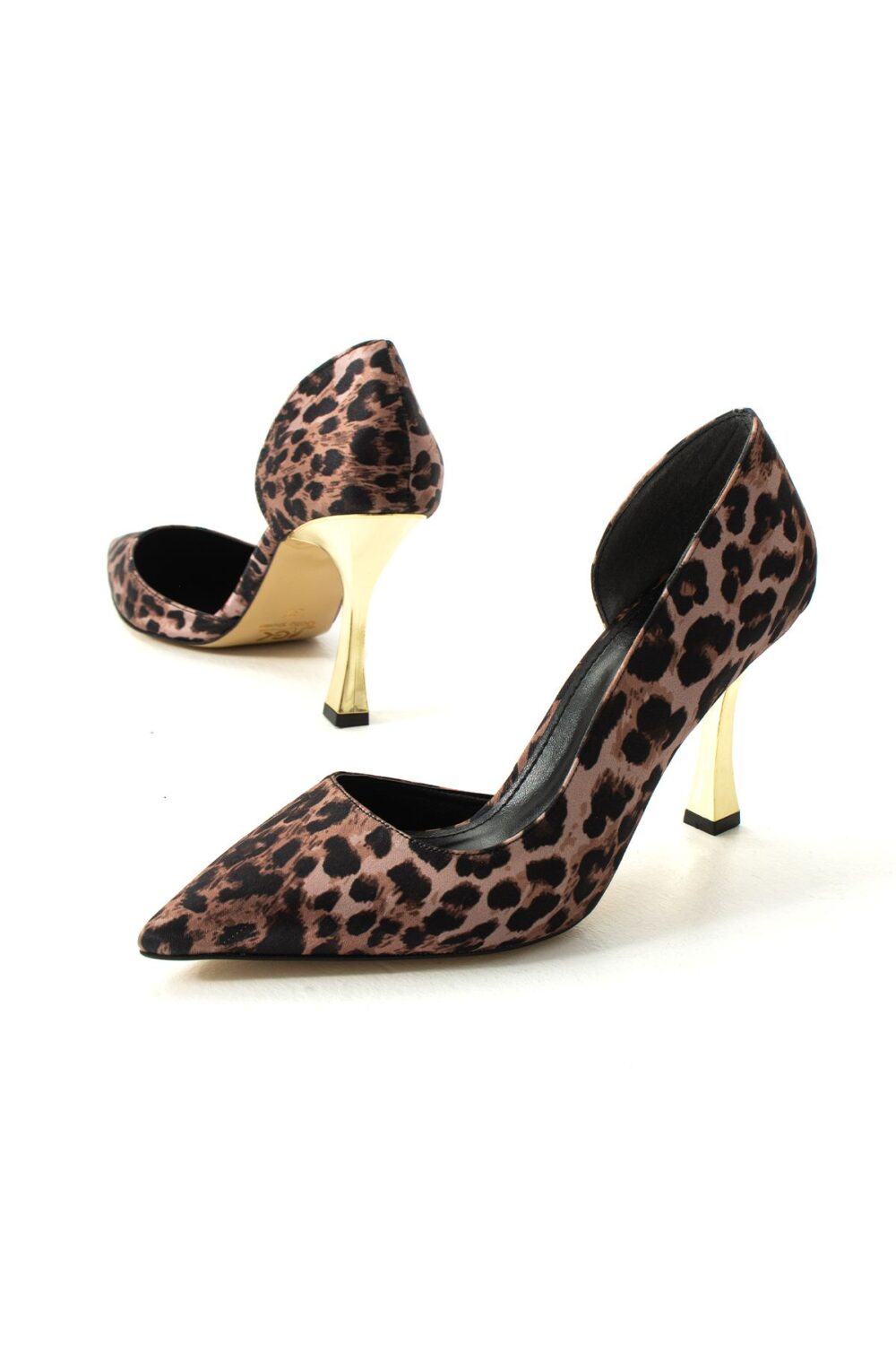 Leopar Desenli Saten Stiletto – Altın Topuklu Sivri Burun Şık ve Yüksek Topuklu Günlük & Özel Gün Kadın Ayakkabı - Görsel 6