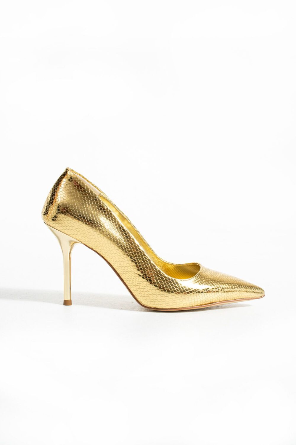 Altın Yılan Derisi Desenli Vegan Deri Stiletto – 9cm Metal Topuklu Sivri Burun Şık Kadın Ayakkabı - Görsel 5