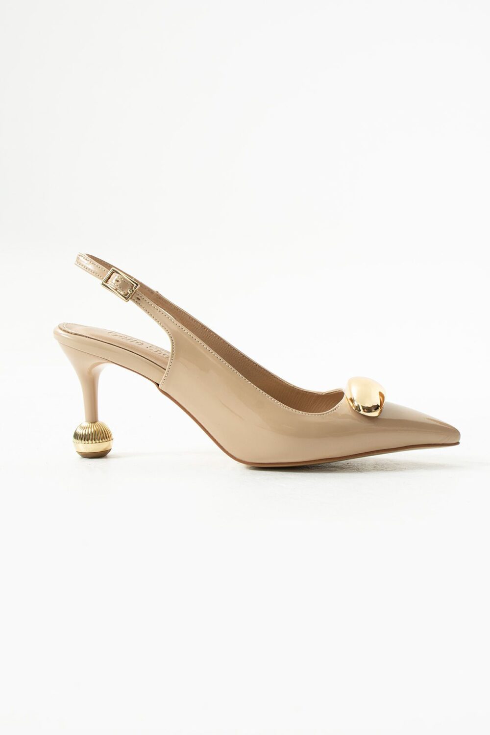 Bej Rugan Vegan Deri Stiletto – 7cm İnce Topuklu Gold Detaylı Günlük ve Ofis Uyumlu Şık Kadın Ayakkabı - Görsel 5