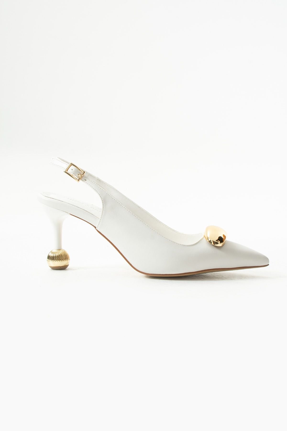 Beyaz Mat Vegan Deri Stiletto – 7cm İnce Topuklu Gold Detaylı Zarif Ofis ve Davet Uyumlu Kadın Ayakkabı - Görsel 5