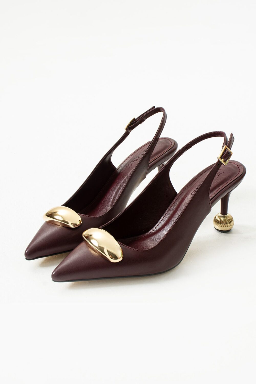 Bordo Mat Vegan Deri Stiletto – 7cm İnce Topuklu Gold Detaylı Günlük ve Ofis Uyumlu Şık Kadın Ayakkabı - Görsel 6