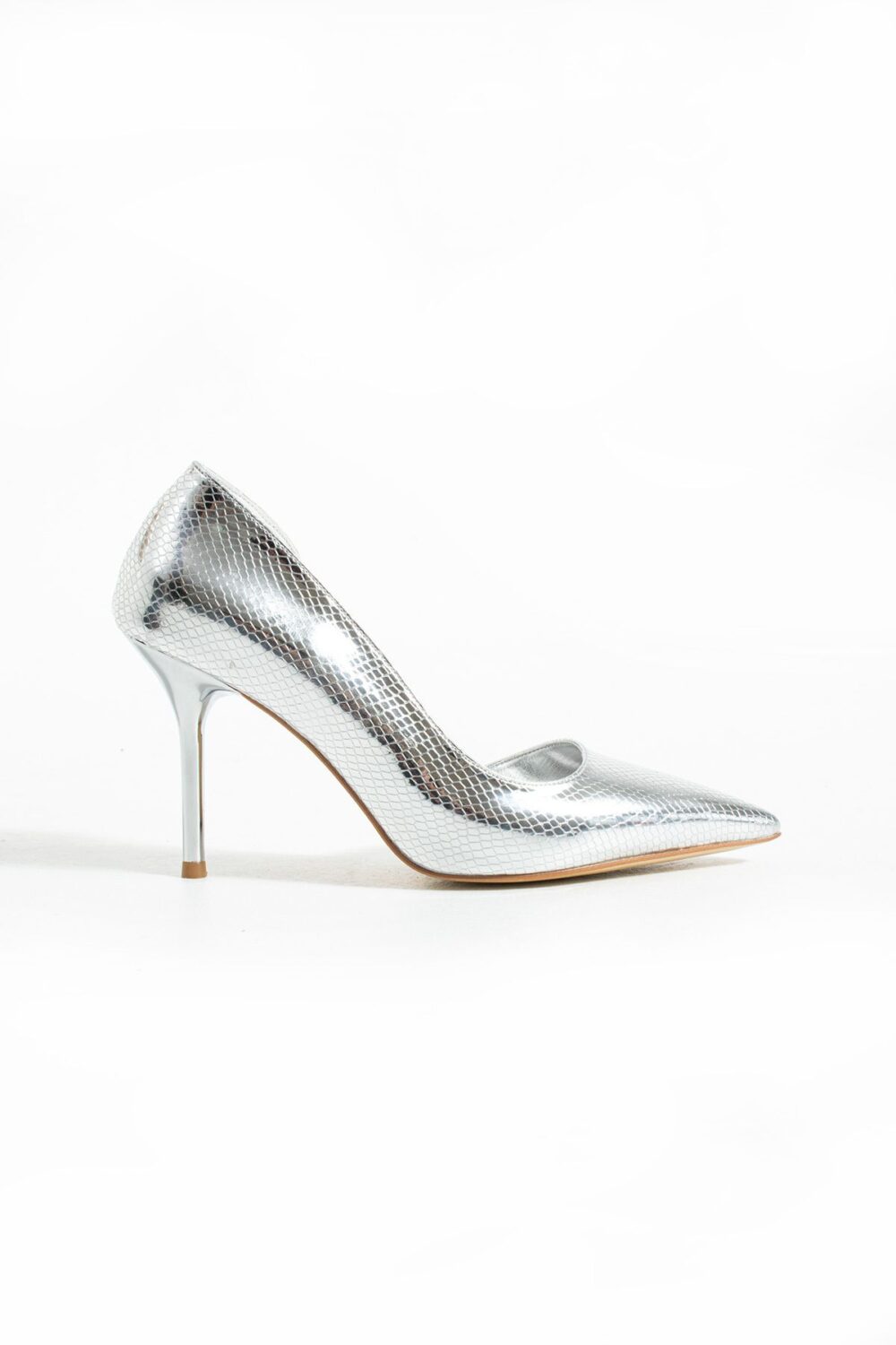 Gümüş Yılan Derisi Desenli Vegan Deri Stiletto – 9cm Metal Topuklu Sivri Burun Şık Kadın Ayakkabı - Görsel 6
