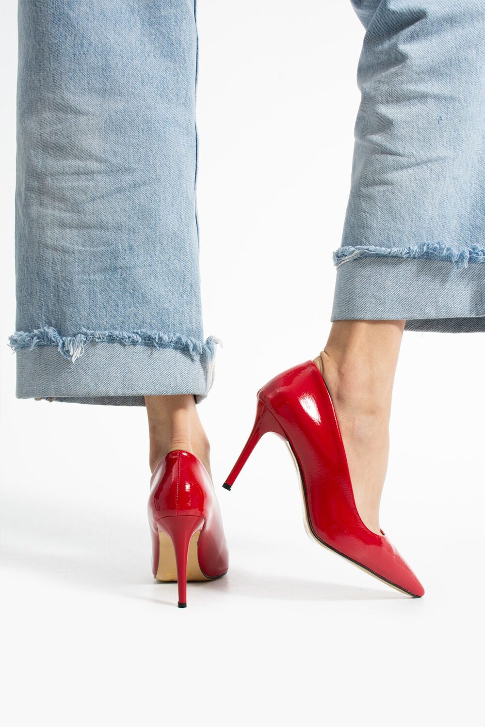 Kırmızı Kırışık Rugan Vegan Deri Stiletto – 9cm Topuklu Hafızalı Pedli Rahat Kalıp Kadın Ayakkabı - Görsel 4