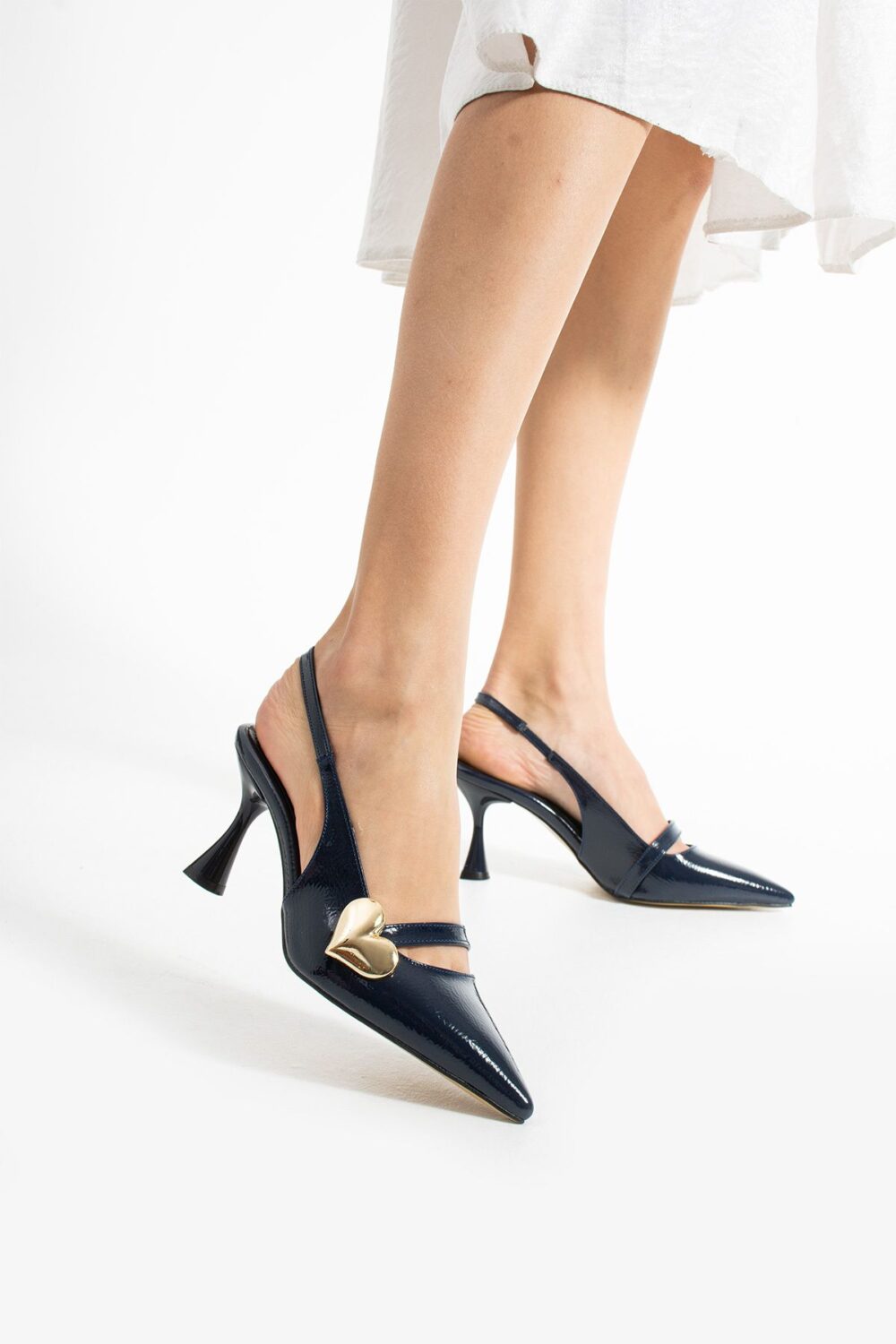 Lacivert Rugan Kalp Tokalı Kadın Topuklu Ayakkabı – 7cm Rahat Vegan Stiletto - Görsel 2