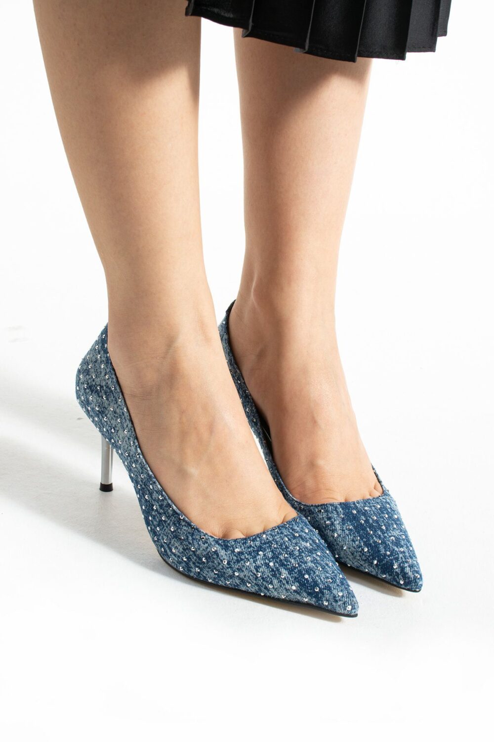 Mavi Jeans Kot Taş İşlemeli Stiletto – 7cm Metal Topuklu Sivri Burun Şık ve Rahat Kadın Ayakkabı - Görsel 4