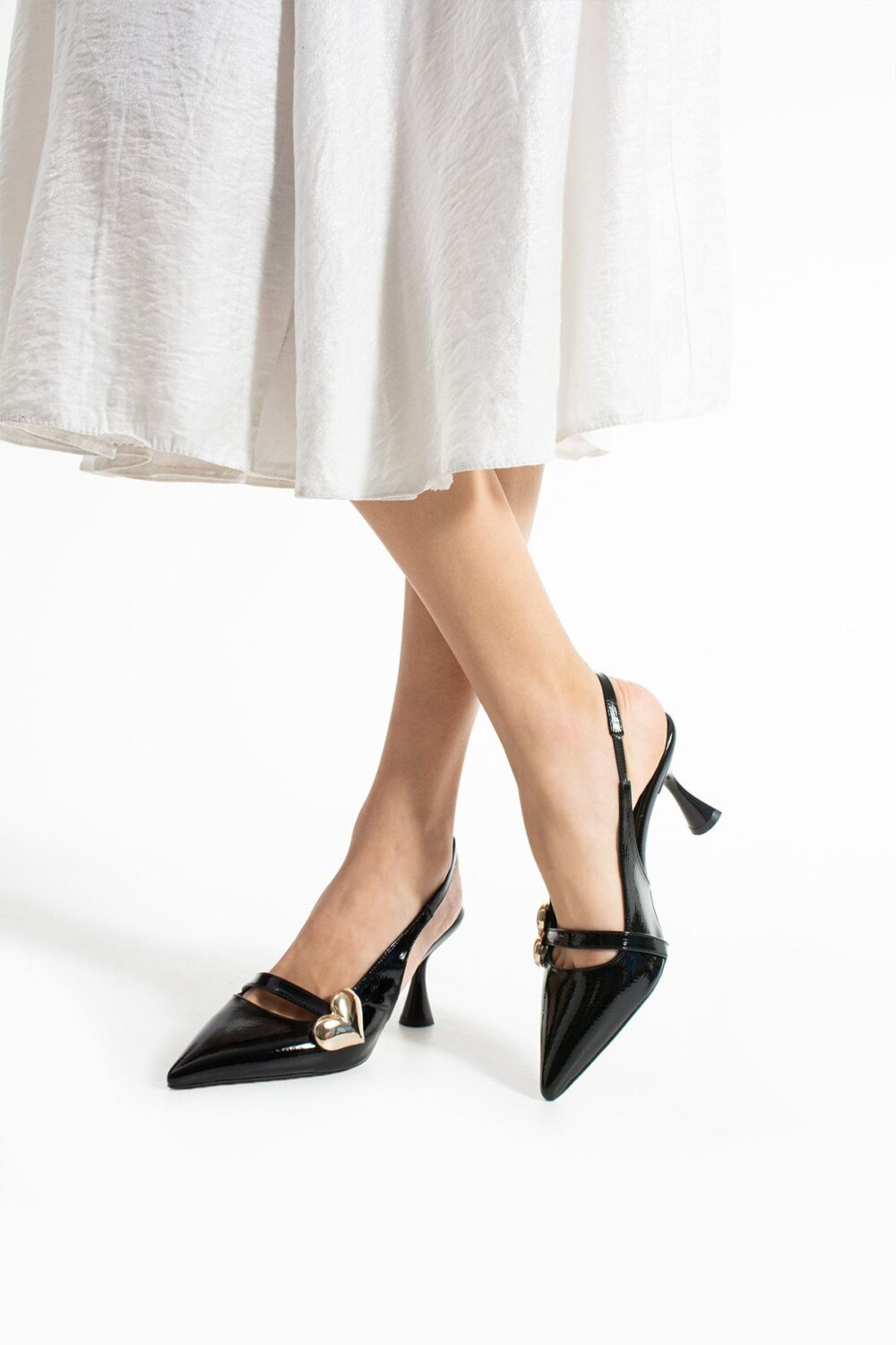 Siyah Rugan Kalp Tokalı Kadın Topuklu Ayakkabı – 7cm Rahat Vegan Stiletto - Görsel 2