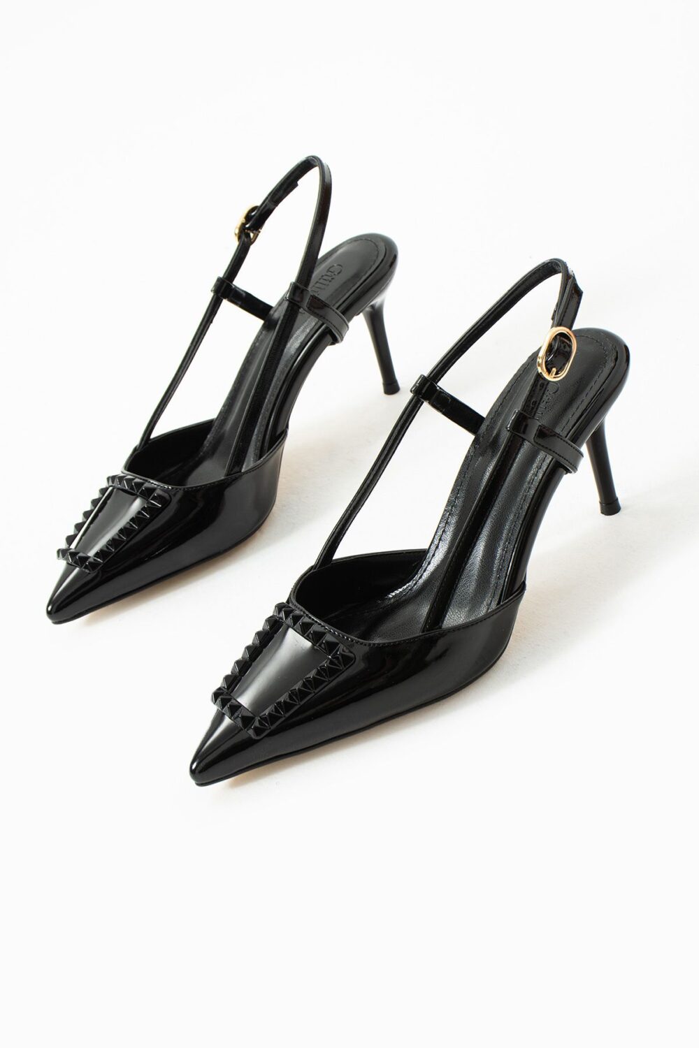 Parlak Siyah Vegan Deri Stiletto – 7cm Topuklu Bilekten Tokalı Bantlı Sivri Burun Şık Kadın Ayakkabı - Görsel 4