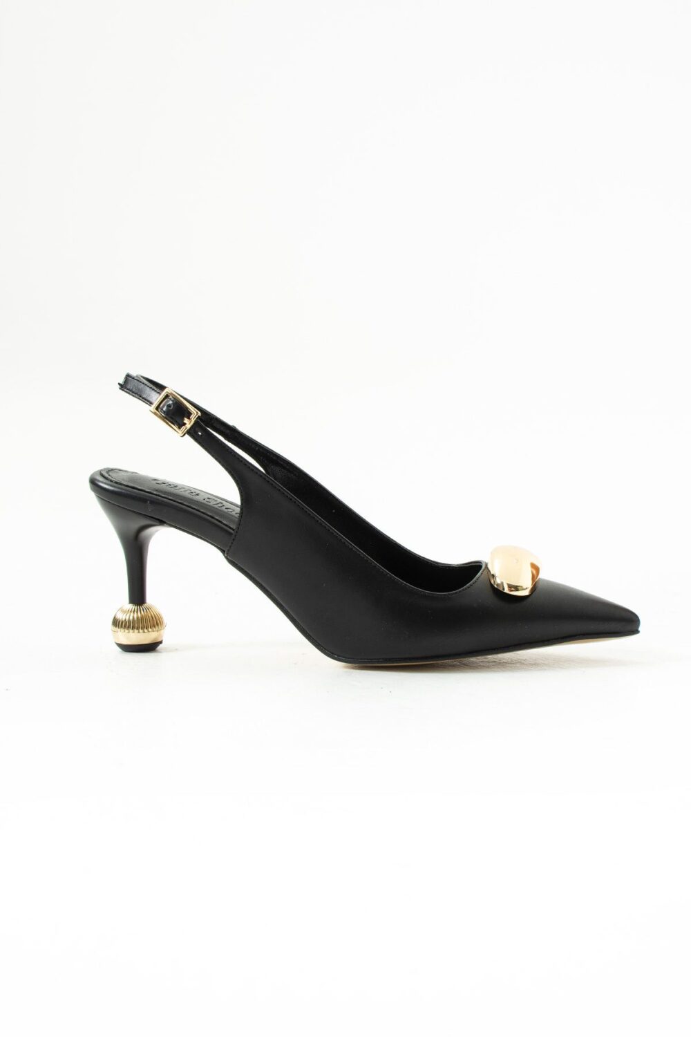 Siyah Mat Vegan Deri Stiletto – 7cm İnce Topuklu Gold Detaylı Günlük ve Ofis Uyumlu Şık Kadın Ayakkabı - Görsel 6