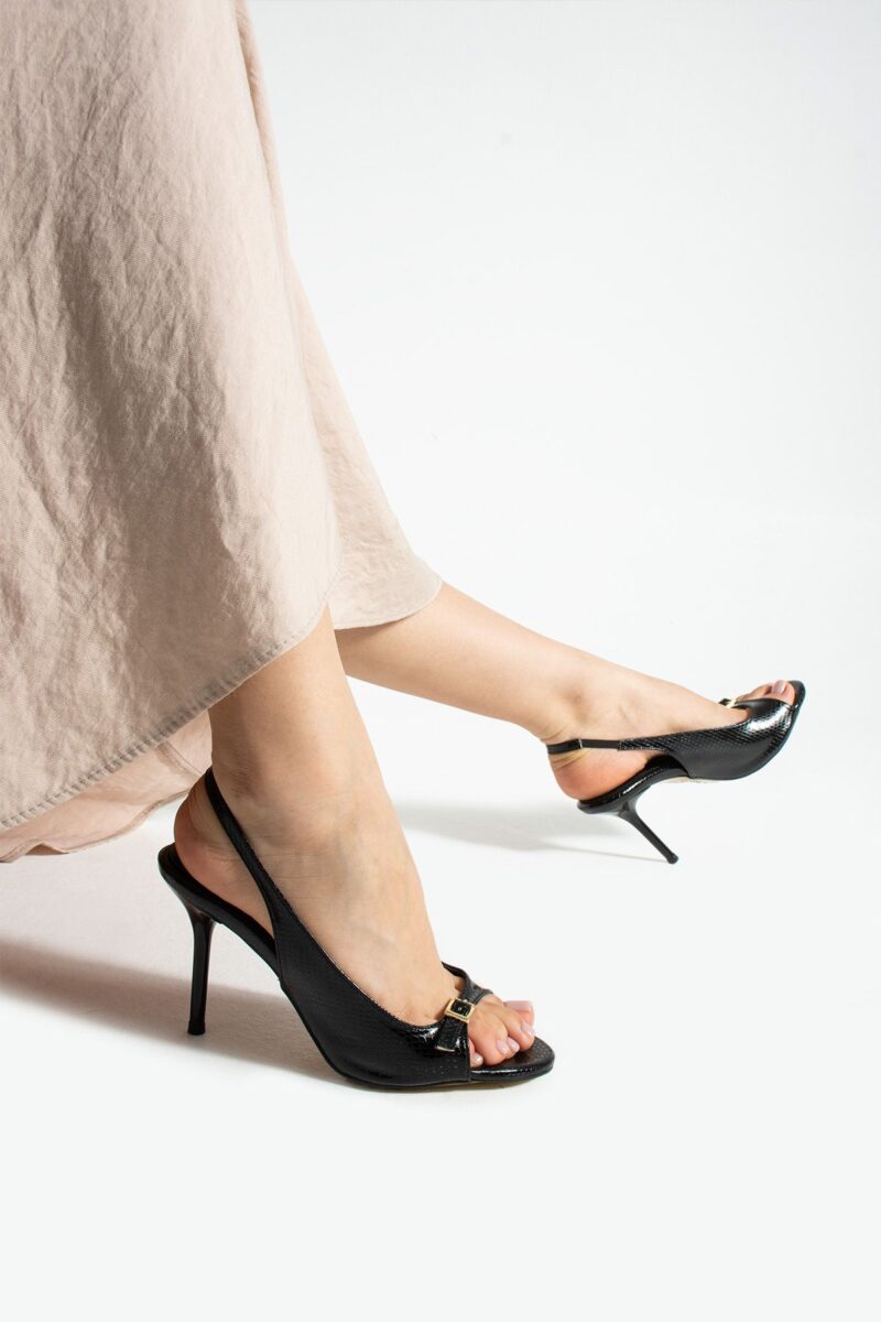 Siyah Yılan Desenli Vegan Deri Stiletto – 9cm Hafızalı Pedli Şık & Konforlu Topuklu Ayakkabı